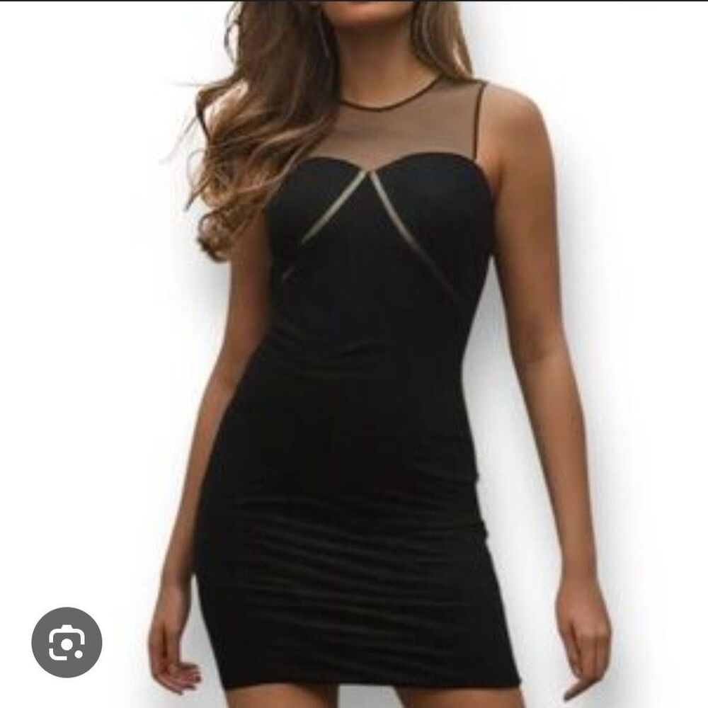 Betsey Johnson Black Sheath Mini Dress 6 Sheer Cutout Mesh Neckline Back Panel